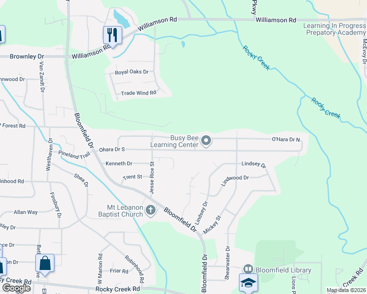 map of restaurants, bars, coffee shops, grocery stores, and more near 3304 O'Hara Drive North in Macon