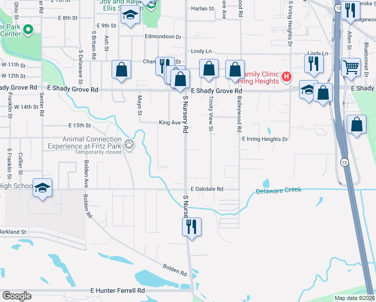 map of restaurants, bars, coffee shops, grocery stores, and more near 1612 South Nursery Road in Irving