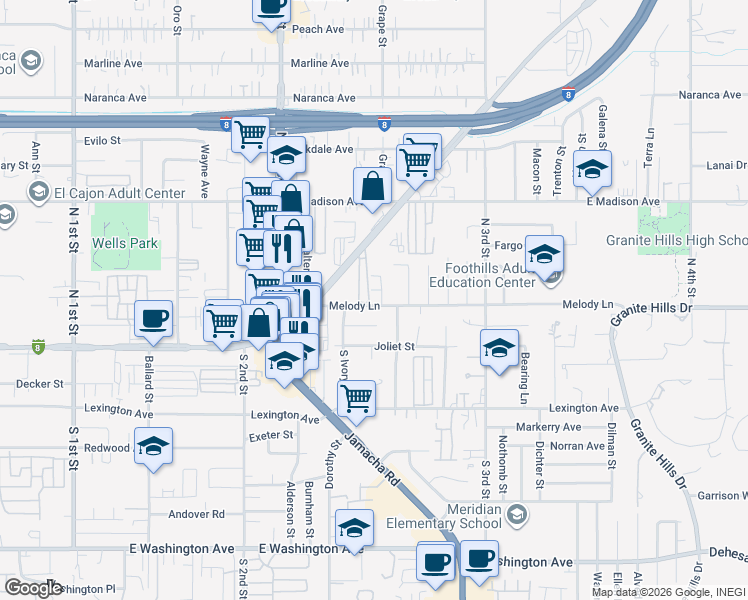 map of restaurants, bars, coffee shops, grocery stores, and more near 1366 Ivory Court in El Cajon
