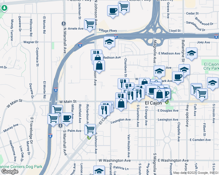 map of restaurants, bars, coffee shops, grocery stores, and more near 174 Chambers Street in El Cajon