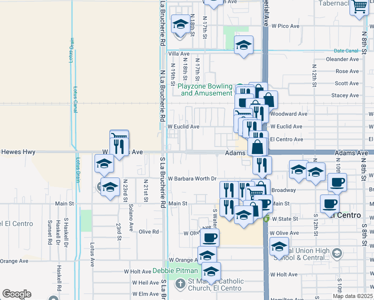 map of restaurants, bars, coffee shops, grocery stores, and more near 1761 Adams Avenue in El Centro