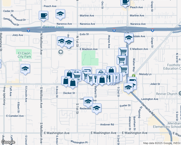 map of restaurants, bars, coffee shops, grocery stores, and more near 153 Enterprise Drive in El Cajon
