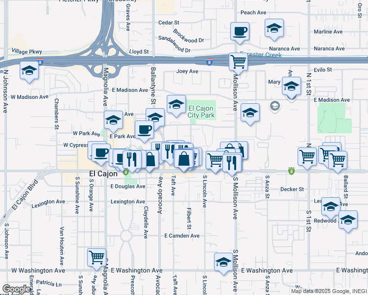 map of restaurants, bars, coffee shops, grocery stores, and more near 160B Roanoke Road in El Cajon