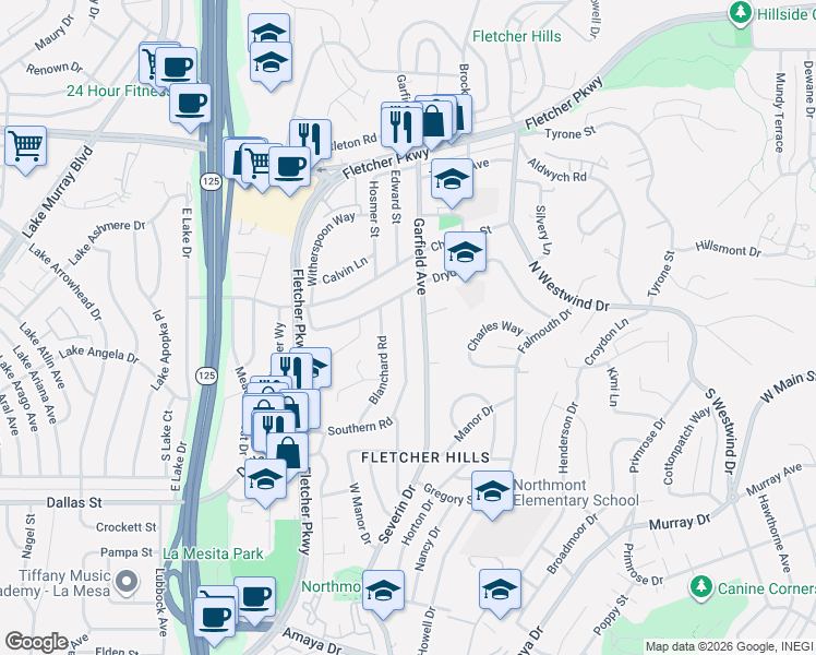 map of restaurants, bars, coffee shops, grocery stores, and more near 185 Blanchard Road in El Cajon