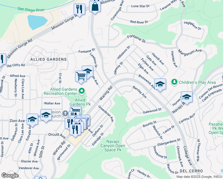 map of restaurants, bars, coffee shops, grocery stores, and more near 6866 Birchwood Street in San Diego
