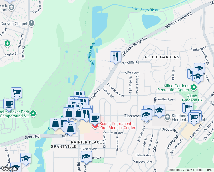 map of restaurants, bars, coffee shops, grocery stores, and more near 4744 Allied Road in San Diego