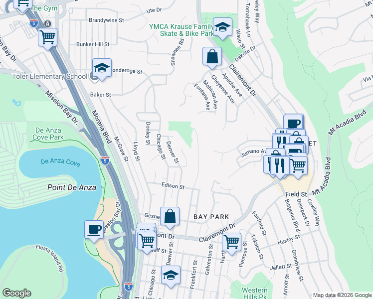 map of restaurants, bars, coffee shops, grocery stores, and more near 3142 Mooney Street in San Diego