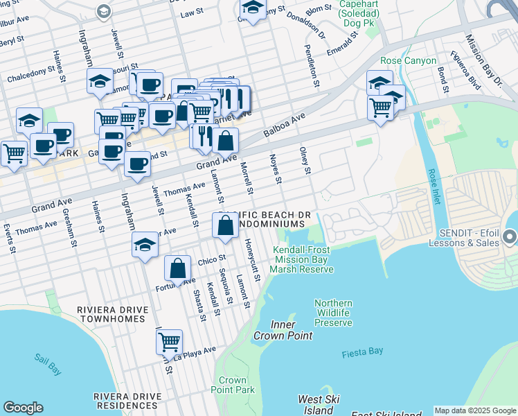 map of restaurants, bars, coffee shops, grocery stores, and more near 1958 Pacific Beach Drive in San Diego