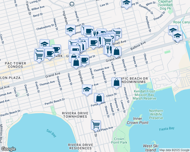 map of restaurants, bars, coffee shops, grocery stores, and more near 1732 Oliver Avenue in San Diego