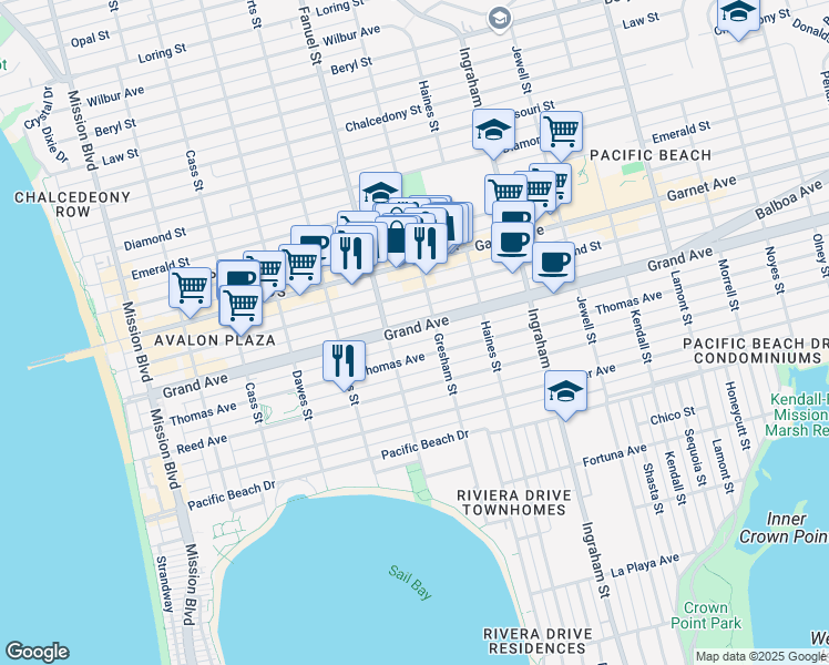 map of restaurants, bars, coffee shops, grocery stores, and more near 1350 Thomas Avenue in San Diego