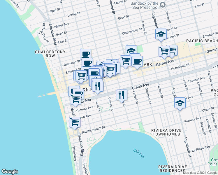 map of restaurants, bars, coffee shops, grocery stores, and more near 1116 Grand Avenue in San Diego