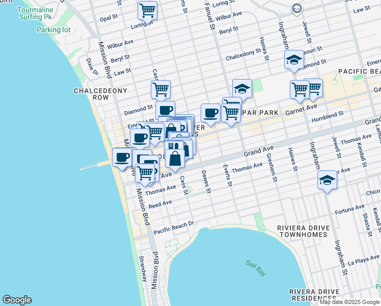 map of restaurants, bars, coffee shops, grocery stores, and more near 1036 Grand Avenue in San Diego