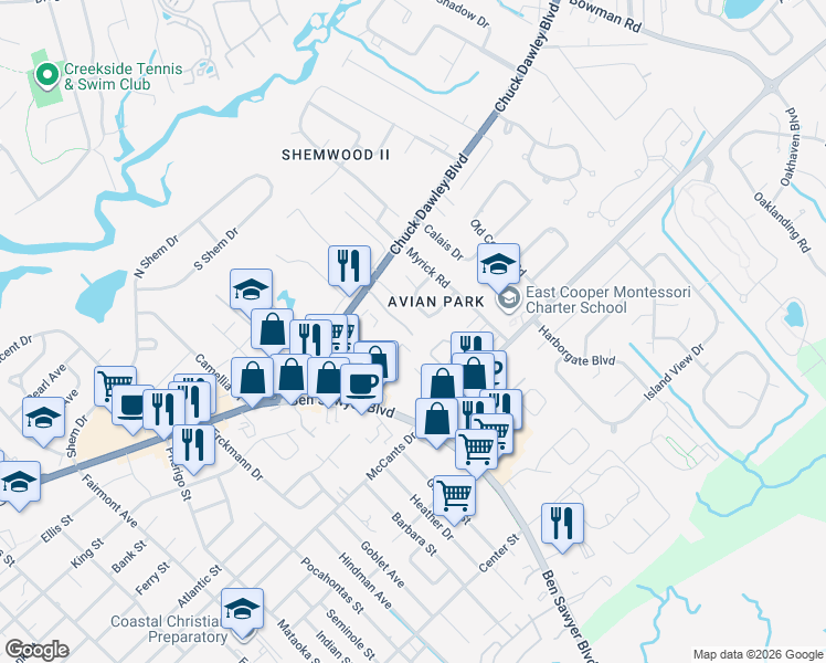 map of restaurants, bars, coffee shops, grocery stores, and more near 1017 Chuck Dawley Boulevard in Mount Pleasant