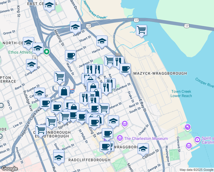 map of restaurants, bars, coffee shops, grocery stores, and more near 45 Hanover Street in Charleston