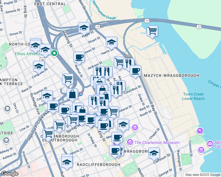 map of restaurants, bars, coffee shops, grocery stores, and more near 45 Hanover Street in Charleston