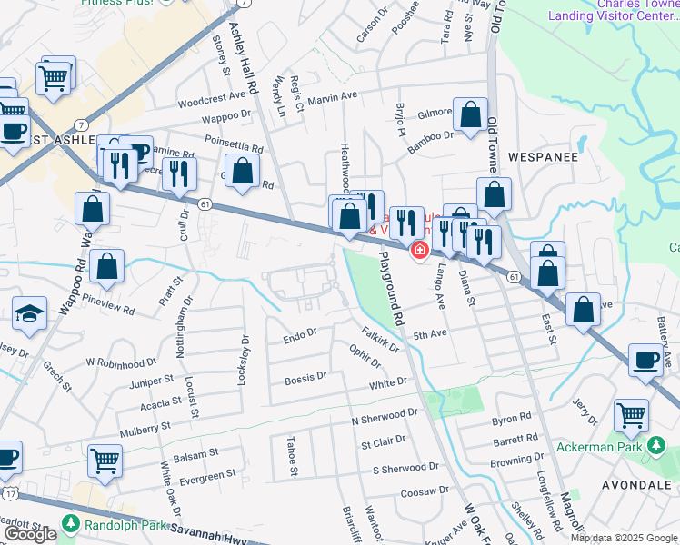map of restaurants, bars, coffee shops, grocery stores, and more near Falkirk Drive in Charleston