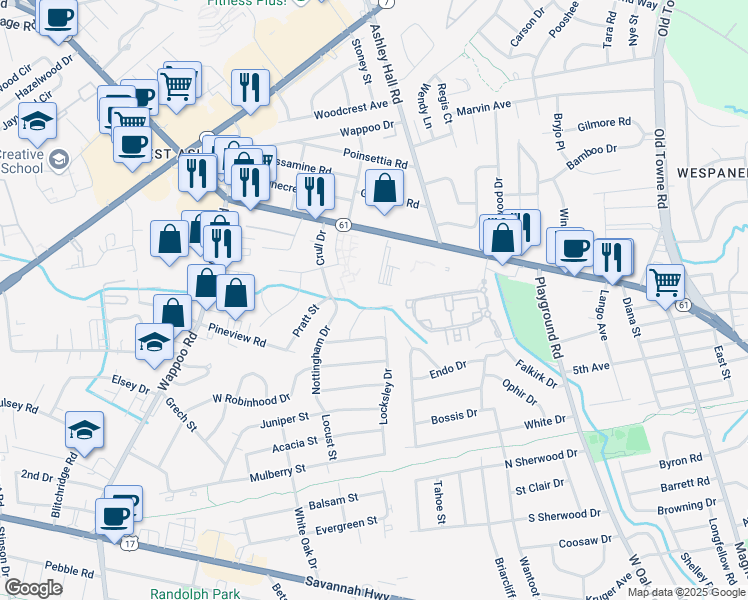map of restaurants, bars, coffee shops, grocery stores, and more near 1029 Locksley Drive in Charleston