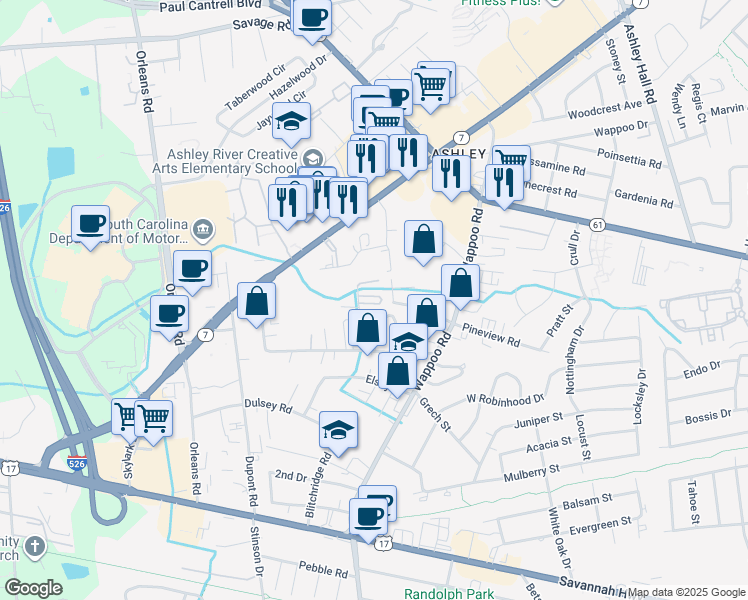 map of restaurants, bars, coffee shops, grocery stores, and more near 1856 Belgrade Avenue in Charleston