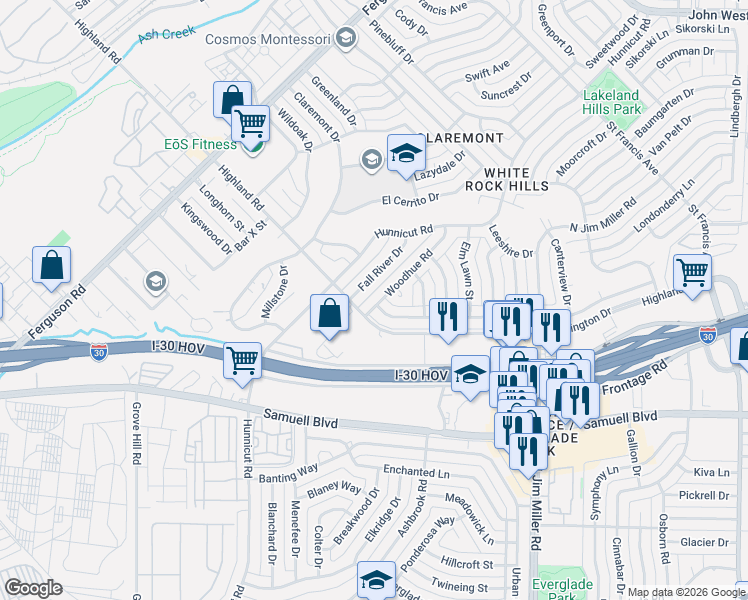 map of restaurants, bars, coffee shops, grocery stores, and more near 2614 Sharpview Lane in Dallas