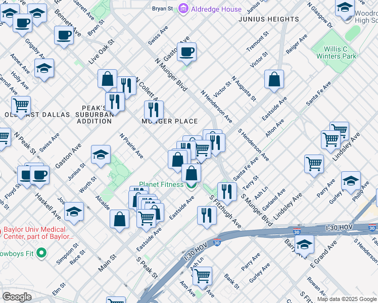 map of restaurants, bars, coffee shops, grocery stores, and more near 4909 Columbia Avenue in Dallas