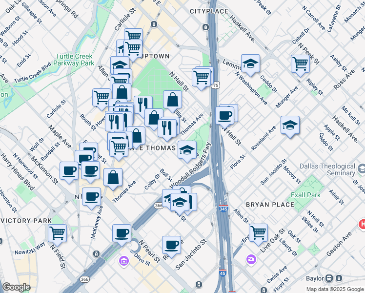 map of restaurants, bars, coffee shops, grocery stores, and more near 2203 Allen Street in Dallas