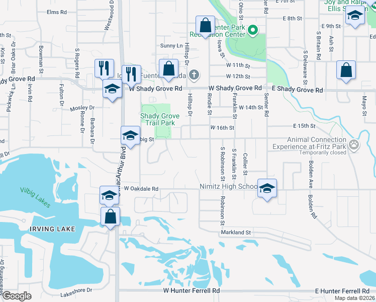 map of restaurants, bars, coffee shops, grocery stores, and more near 1802 Creek Ridge Court in Irving