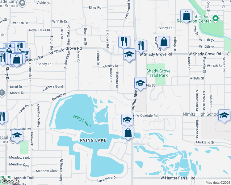 map of restaurants, bars, coffee shops, grocery stores, and more near 1301 Katelyn Court in Irving