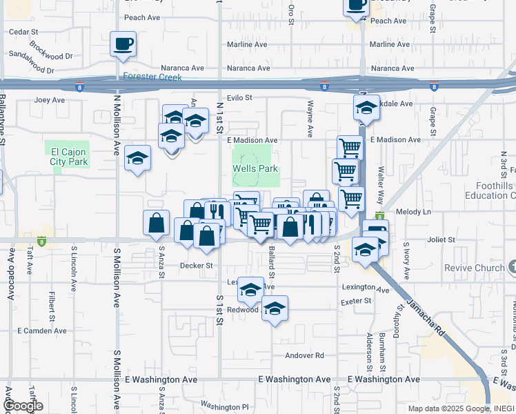 map of restaurants, bars, coffee shops, grocery stores, and more near 1174 East Main Street in El Cajon