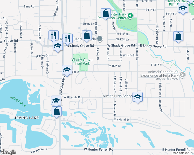 map of restaurants, bars, coffee shops, grocery stores, and more near 1802 Creek Ridge Court in Irving