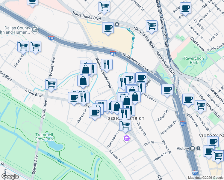 map of restaurants, bars, coffee shops, grocery stores, and more near 1931 Market Center Boulevard in Dallas