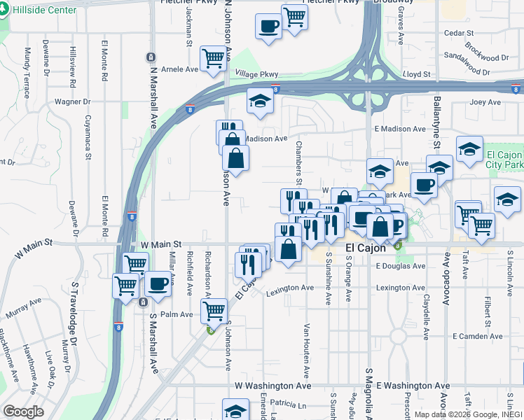 map of restaurants, bars, coffee shops, grocery stores, and more near 170 Chambers Street in El Cajon