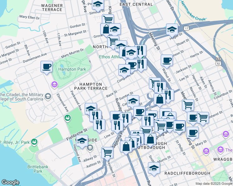 map of restaurants, bars, coffee shops, grocery stores, and more near 582 Rutledge Avenue in Charleston