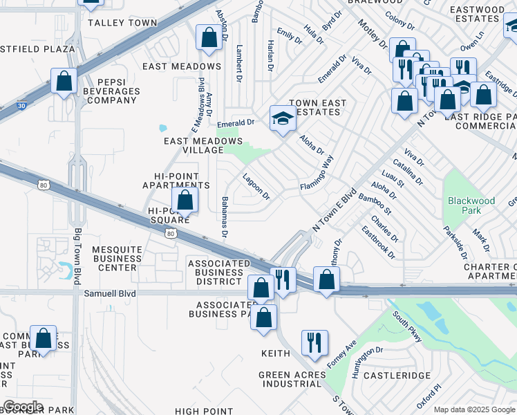 map of restaurants, bars, coffee shops, grocery stores, and more near 3924 Flamingo Way in Mesquite