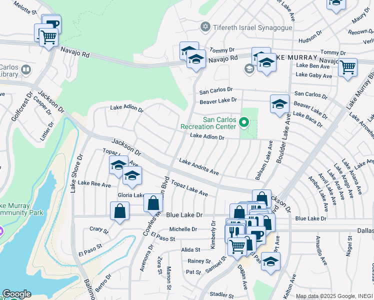 map of restaurants, bars, coffee shops, grocery stores, and more near 7920 Lake Andrita Avenue in San Diego