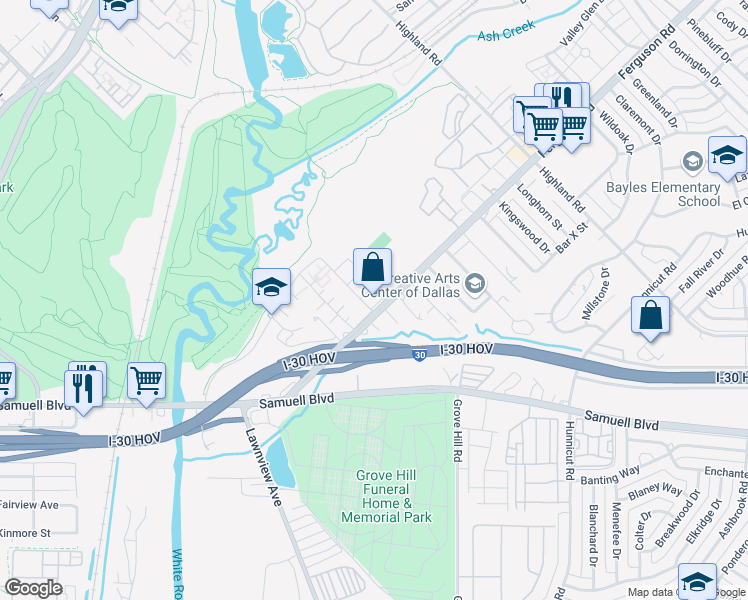 map of restaurants, bars, coffee shops, grocery stores, and more near 7303 Ferguson Road in Dallas