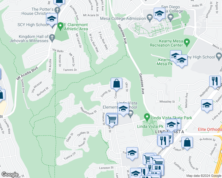 map of restaurants, bars, coffee shops, grocery stores, and more near 6594 Comly Street in San Diego