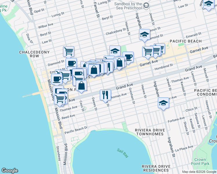 map of restaurants, bars, coffee shops, grocery stores, and more near 1228 Grand Avenue in San Diego