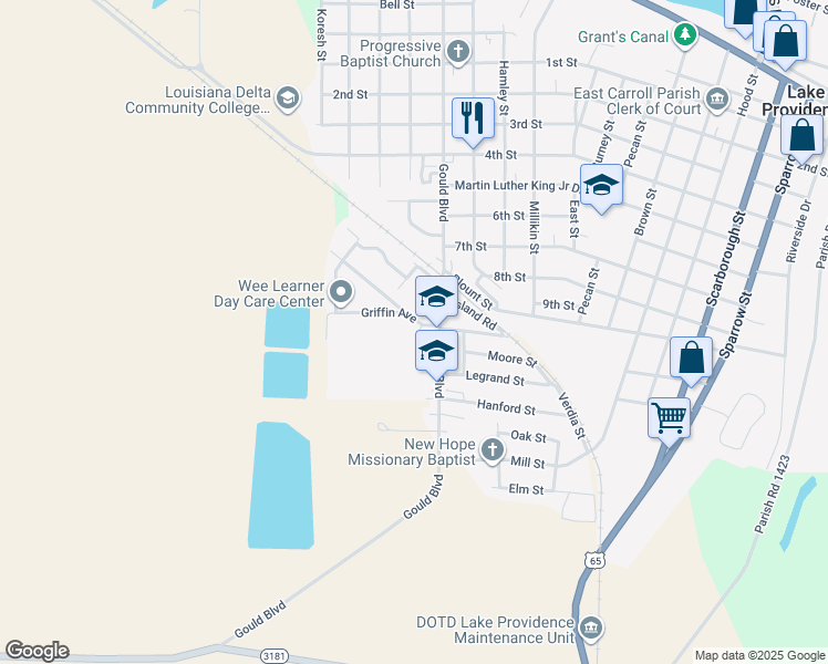 map of restaurants, bars, coffee shops, grocery stores, and more near 1205 Gould Boulevard in Lake Providence