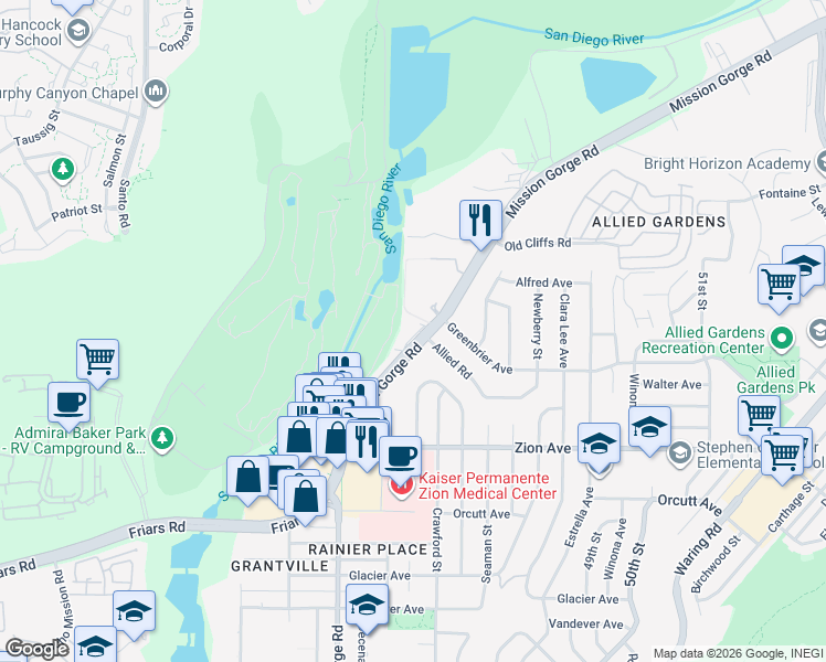 map of restaurants, bars, coffee shops, grocery stores, and more near 6850 Mission Gorge Road in San Diego