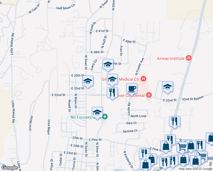 map of restaurants, bars, coffee shops, grocery stores, and more near 3376 North Silver Street in Silver City