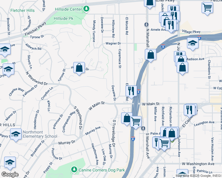 map of restaurants, bars, coffee shops, grocery stores, and more near 331 Dewane Drive in El Cajon