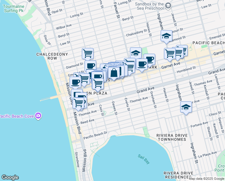 map of restaurants, bars, coffee shops, grocery stores, and more near 1138 Hornblend Street in San Diego