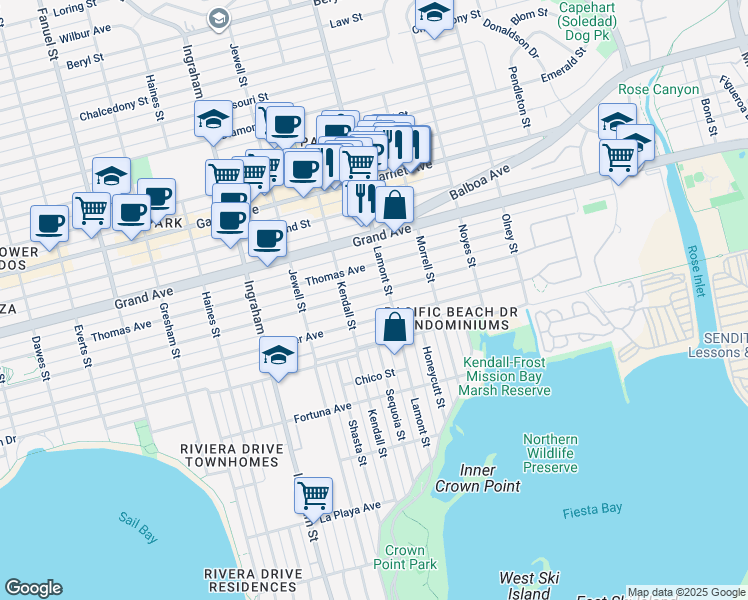 map of restaurants, bars, coffee shops, grocery stores, and more near 1855 Reed Avenue in San Diego