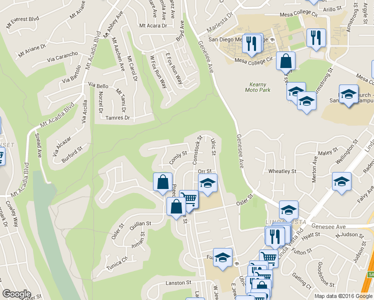 map of restaurants, bars, coffee shops, grocery stores, and more near 6592 Comly Street in San Diego