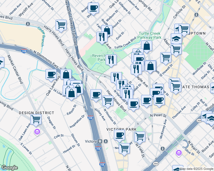 map of restaurants, bars, coffee shops, grocery stores, and more near 3130 North Harwood Street in Dallas