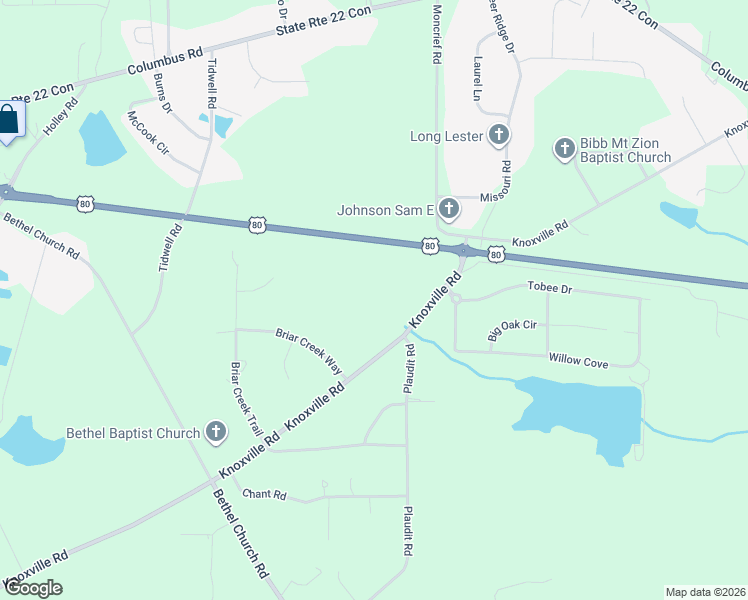 map of restaurants, bars, coffee shops, grocery stores, and more near 7111 Knoxville Road in Lizella