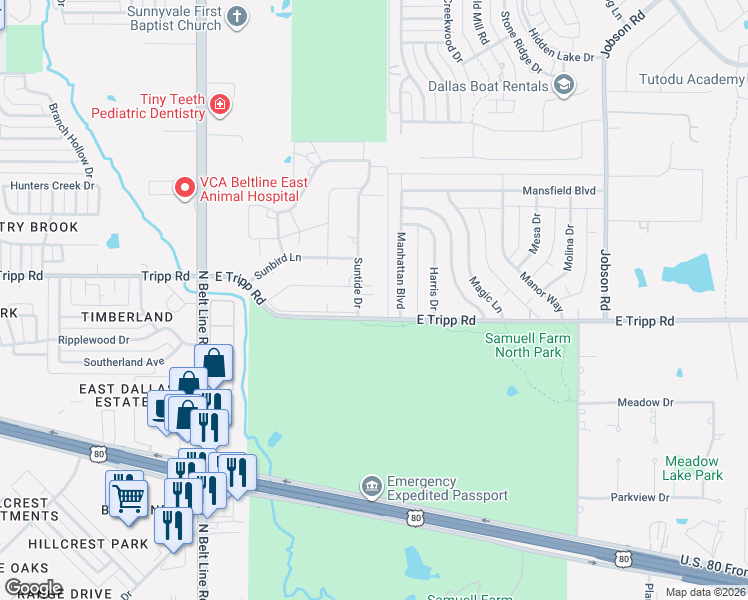 map of restaurants, bars, coffee shops, grocery stores, and more near 209 Manhattan Boulevard in Sunnyvale