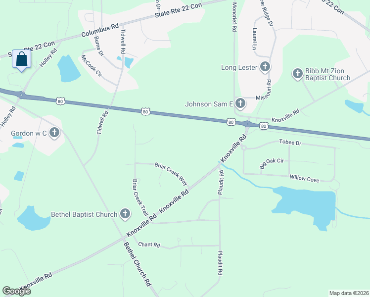 map of restaurants, bars, coffee shops, grocery stores, and more near 7195 Knoxville Road in Lizella