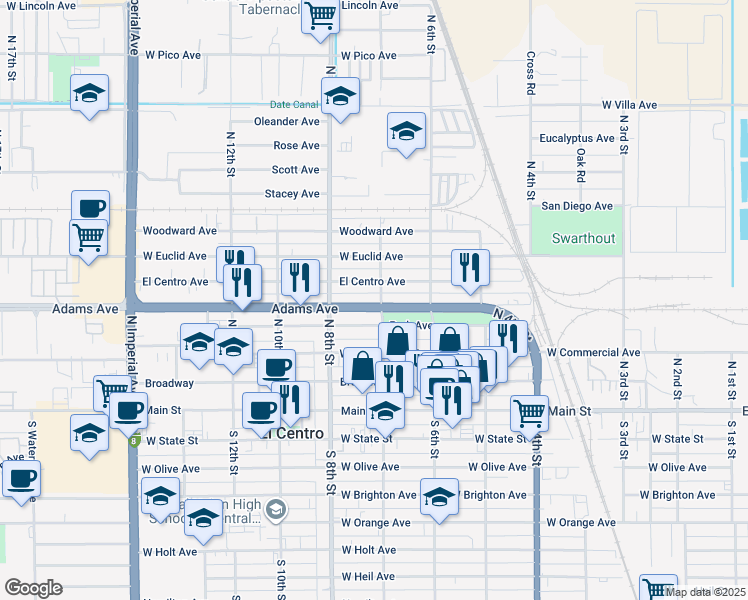 map of restaurants, bars, coffee shops, grocery stores, and more near 729 El Centro Avenue in El Centro
