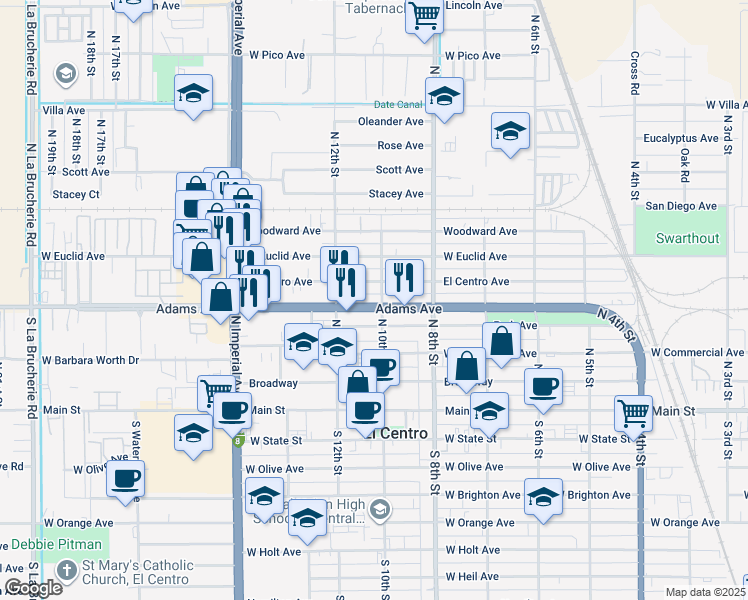 map of restaurants, bars, coffee shops, grocery stores, and more near 1034 El Centro Avenue in El Centro